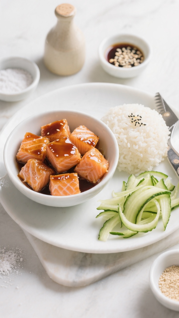 Overhead ingredient-to-finish composition of no-fuss salmon teriyaki bites: a central bowl of glossy, seared 1-inch salmon cubes lightly crusted from cornstarch, glazed with teriyaki; to the side, a neat mound of sticky jasmine/sushi rice and a tangle of cucumber ribbons shaved with a peeler; a small dish of extra sauce and sesame seeds for garnish; neutral oil bottle and a dusting of cornstarch visible in small prep bowls at the frame edge; bright, fresh, modern styling with high clarity and vivid salmon color contrast against white ceramics