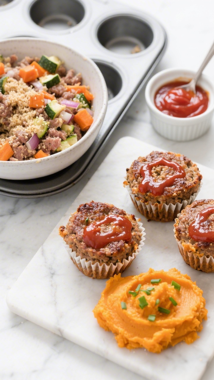 Overhead ingredient-to-finish duo for mini veggie-loaded meatloaf muffins with sweet potato mash: left side shows raw mixture in a bowl—ground meat flecked with finely chopped carrots, zucchini, and onion, plus breadcrumbs and seasoning; a muffin tin lined and ready. Right side shows baked mini meatloaf muffins with a shiny ketchup glaze, served alongside a swoop of creamy orange sweet potato mash, a sprinkle of chives on top. Clean, bright styling on a white marble surface, small ramekin of ketchup and a spoon with mashed sweet potato for context, appetizing contrast between caramelized muffin tops and smooth mash.