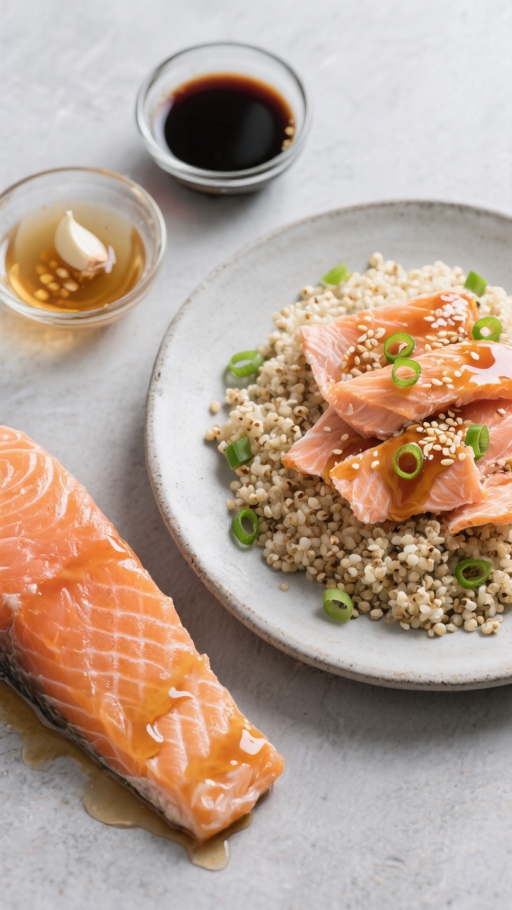 Overhead ingredient-to-finish narrative for honey-garlic salmon flakes over soft quinoa: left side shows raw skin-on salmon fillet brushed with a glaze of low-sodium soy sauce (or coconut aminos), honey, rice vinegar, water, and a tiny minced garlic clove; right side shows finished salmon gently flaked into glossy coral shards over a mound of fluffy quinoa, extra glaze drizzled, scattered sesame seeds and thin green scallion rings for lift; styled on matte stoneware, neutral gray background, small glass bowls with the sauce components visible, bright natural light, clean and modern, no people.