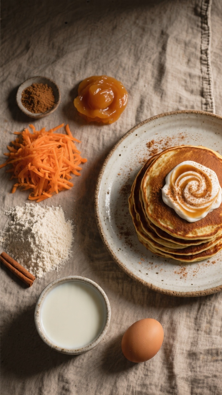 Overhead ingredient-to-finish storyboard for Carrot Cake Pancakes With Maple Yogurt Swirl: left side shows neatly arranged ingredients—finely grated carrot, white whole wheat flour, unsweetened applesauce, milk, ground spices (cinnamon-forward), and an egg; right side shows a finished plate of warmly spiced carrot pancakes with a generous maple yogurt swirl marbled on top, sprinkled with a pinch of cinnamon; rustic ceramic plate on a textured linen, warm moody lighting to evoke carrot cake comfort, no people, tidy composition.