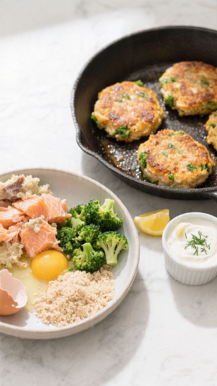 Overhead ingredient-to-finish storyboard: left side shows flaked canned salmon in a bowl with mashed-in bones/skin, very finely chopped steamed broccoli, whole wheat breadcrumbs, and a cracked egg ready to mix; right side transitions to sizzling salmon veggie patties in a skillet, crisped golden-brown crusts with green broccoli bits visible, a lemon wedge and a small ramekin of yogurt-dill dip nearby, bright clean light, minimal props for a kid-friendly feel.