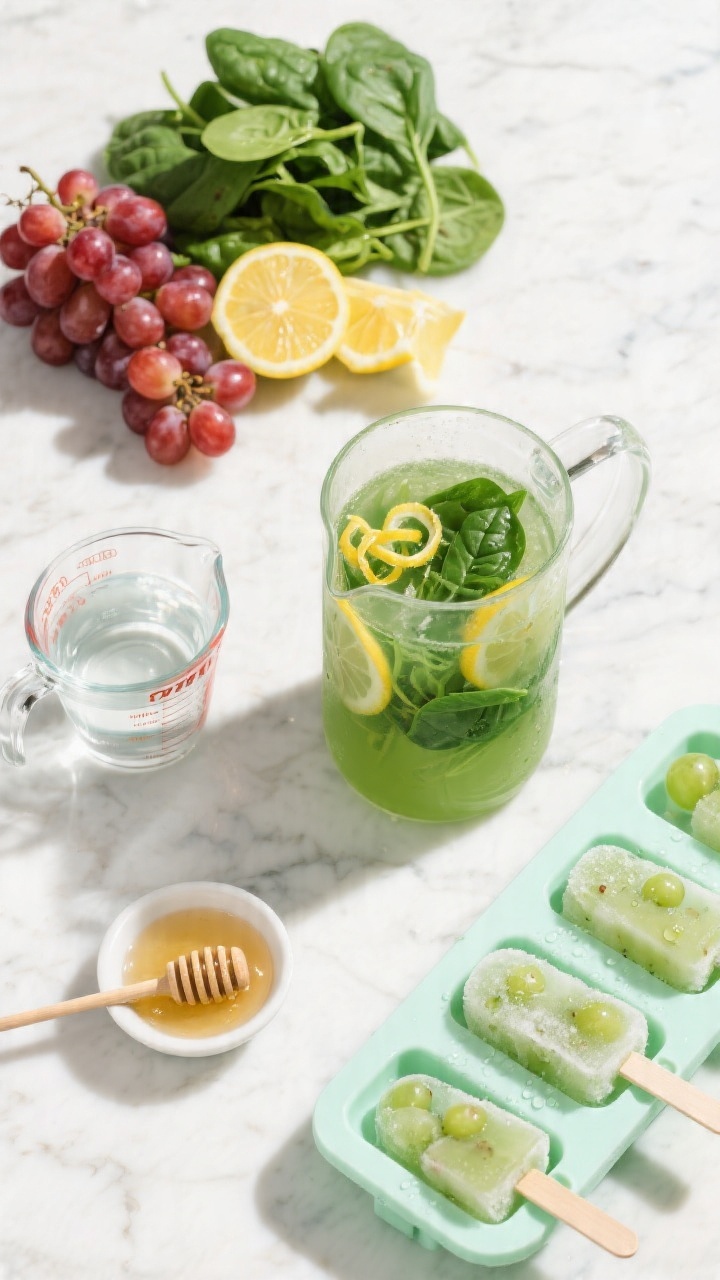 Overhead ingredient-to-finish storyboard on a bright marble surface: left panel shows fresh seedless grapes (red and green), packed baby spinach, lemon halves with zest curls, water in a measuring cup, and a small dish of honey; center shows vibrant green-tinted grape–spinach lemonade blended in a pitcher; right panel features frosty frozen grape pops in molds, pale green with visible grape specks, condensation beading; sunny, fresh mood with citrus highlights and crisp, clean composition.