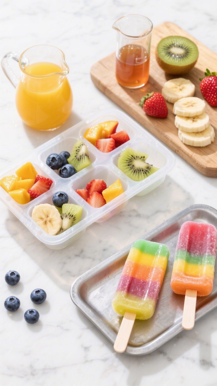 Overhead ingredient-to-finished shot: A bright overhead flat lay of rainbow fruit fiesta pops in a clear mold on a white marble surface, each cavity layered with chopped strawberries, mango chunks, kiwi pieces, blueberries, and banana slices, with a small pitcher of pulp-free orange juice and apple juice divided into tiny glass beakers for pouring. Include a cutting board with a peeled kiwi, hulled strawberries, and neatly sliced banana rounds, plus scattered blueberries for color. Frosted, ready-to-freeze pops in the mold alongside two fully frozen, glossy pops pulled out and placed on a chilled tray, vibrant rainbow layers visible. Crisp, natural daylight, high contrast, no people.