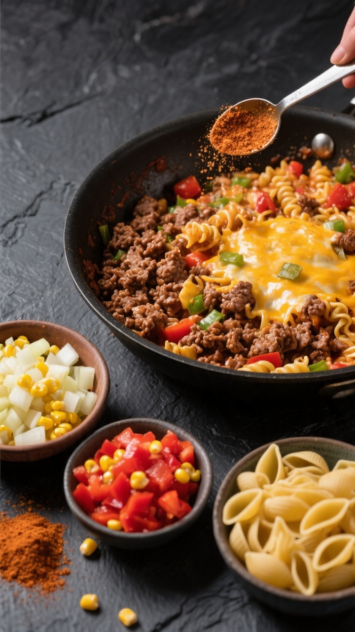 Overhead ingredient-to-pan action shot for cheesy taco pasta with sneaky veggies: browned lean ground beef (or turkey) in a skillet next to bowls of finely diced yellow onion, finely diced red bell pepper, corn kernels, petite diced tomatoes, dry pasta shells, and a small pile of taco seasoning; vibrant reds, yellows, and golds styled on a dark slate surface, a measuring spoon mid-sprinkle for motion, ready for the slow-cook meld and cheesy finish.