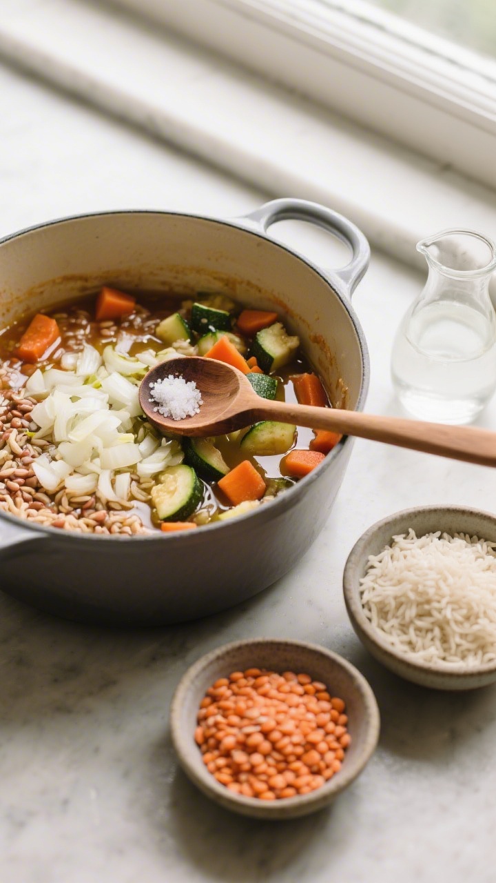 Overhead ingredient-to-pot process shot for cozy one-pot lentil rice stew: a Dutch oven with olive oil shimmering, very finely chopped onion, diced carrot, and diced zucchini softening, with rinsed red lentils and short-grain rice in small bowls ready to pour in. Wooden spoon resting across the pot, pinches of salt and a small carafe of water/stock nearby. Earthy, comforting palette, natural window light, minimalist styling emphasizing the wholesome, soft, savory vibe.