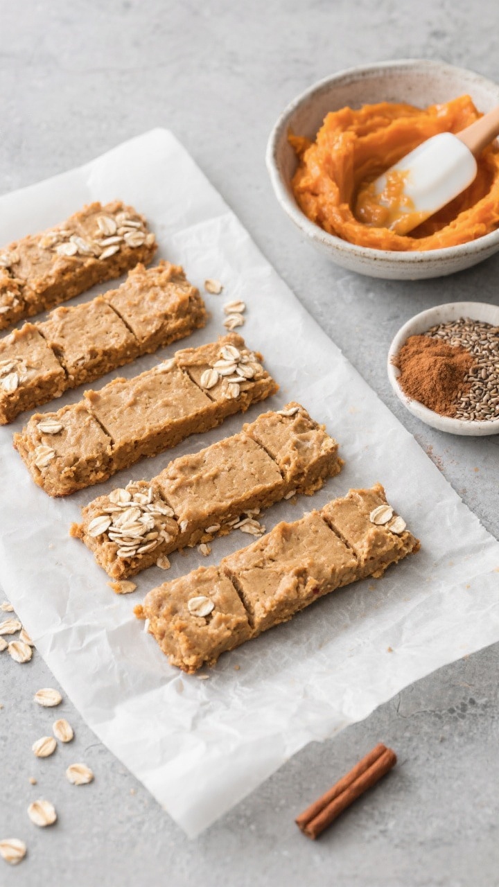 Overhead ingredient-to-prep shot: A clean, overhead flat lay of soft-baked sweet potato oat finger mixture being formed on a parchment-lined sheet—rectangular bars scored and ready to bake; visible quick oats and mashed sweet potato folded together with unsweetened applesauce, a small dish of ground flaxseed, and a dusting of ground cinnamon nearby; a bowl with a silicone spatula showing the sticky, rustic batter texture; neutral props and a cool slate surface for contrast with the warm orange tones.
