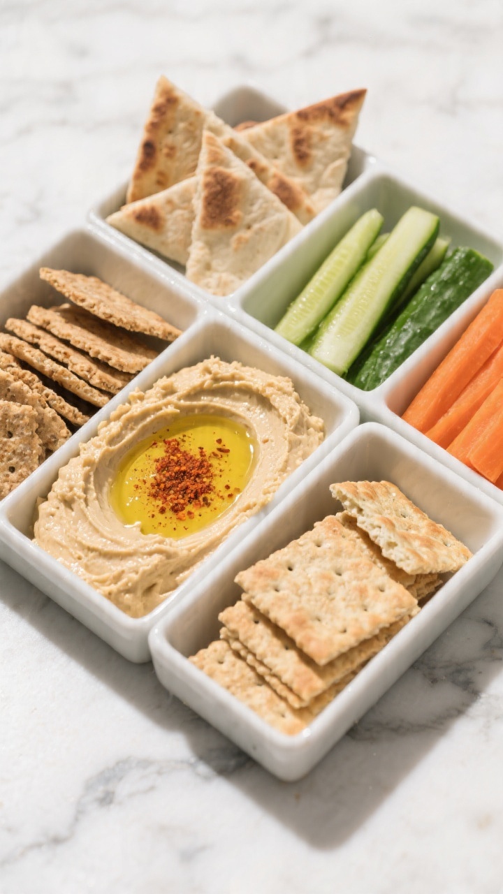 Overhead ingredients-and-assembly bento box scene for sunny hummus veggie boxes: compartments filled with creamy hummus, whole-wheat pita triangles, whole-grain crackers, crisp cucumber sticks, and carrot matchsticks; a small sprinkle of paprika and olive oil drizzle over the hummus for sheen; clean, bright, snackable vibe on a marble surface with minimal props; vibrant greens and oranges contrasting the neutral crackers and pita; sharp, editorial styling.