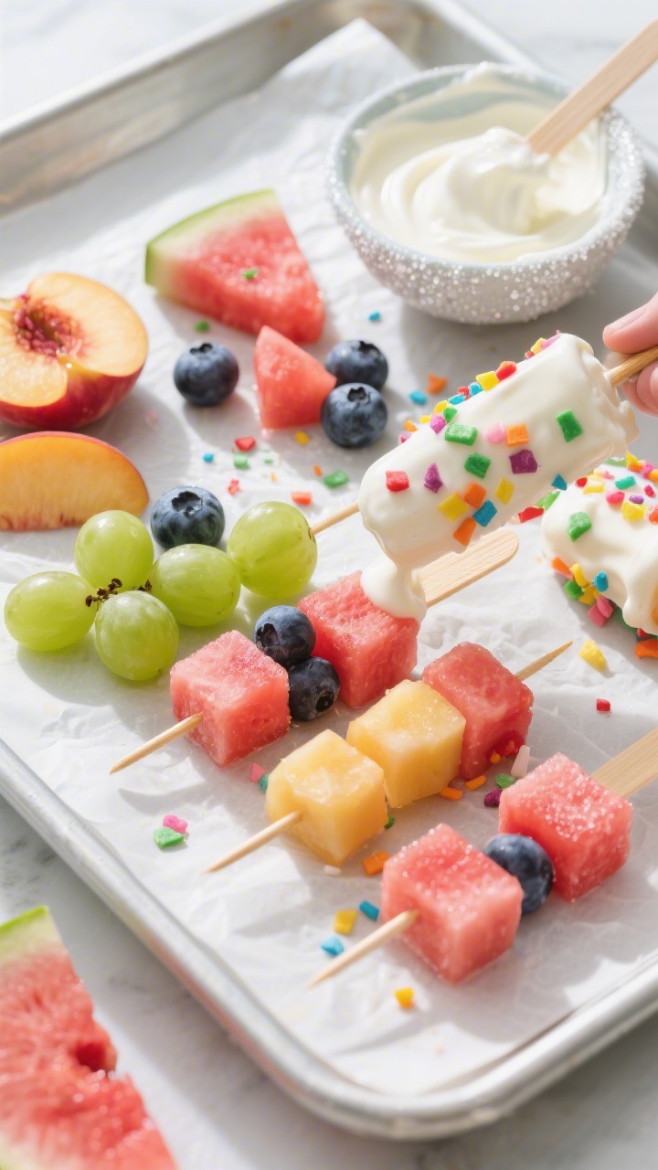 Overhead ingredients-and-process scene for “Frozen Yogurt Confetti Pops (Summer Saver)”: a chilled sheet pan lined with parchment holding colorful fruit skewers—1-inch watermelon cubes, green grapes, blueberries, and diced peaches/nectarines—being coated with vanilla or strawberry Greek yogurt. Some skewers are already fully coated and sprinkled with rainbow-like chopped fruit bits, others mid-dip with a shallow bowl of Greek yogurt nearby and light frosty condensation visible. Icy, summer-cool mood, bright daylight, crisp detail on frozen yogurt texture and jewel-toned fruit, no people.