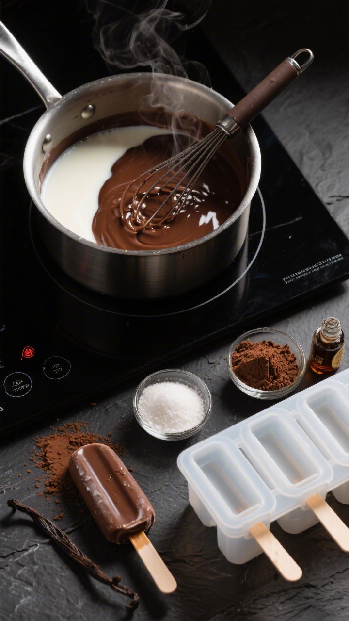 Overhead ingredients-and-process shot for Chocolate Fudge Pops: a saucepan on an induction burner with milk, heavy cream, sugar, unsweetened cocoa powder, and cornstarch whisked into a glossy, thick chocolate base. A fine wisp of steam visible, sheen catching the light. Nearby: vanilla extract ready to stir in, a row of clean popsicle molds and wooden sticks awaiting fill, a small spill of cocoa powder for texture. Dark slate background to highlight the deep chocolate color, moody yet inviting lighting, tack-sharp details.