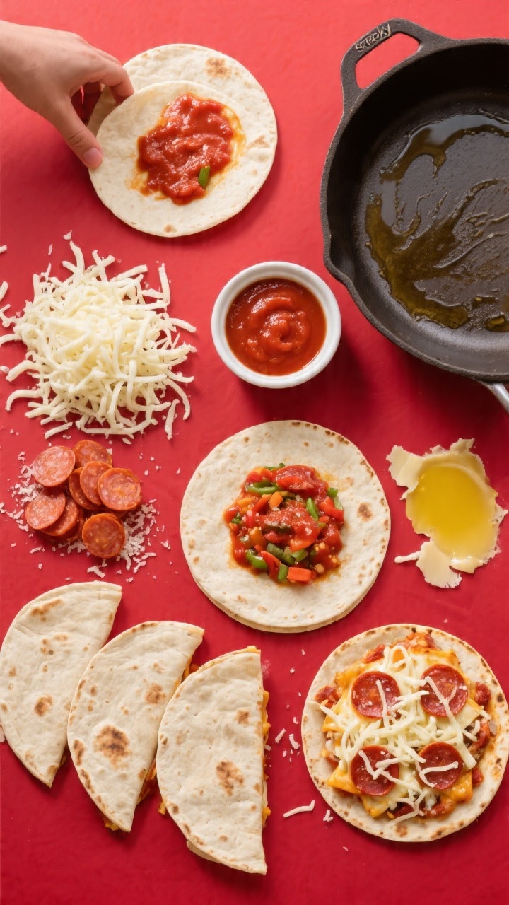 Overhead ingredients-to-assembly flat lay for cheesy pizza quesadillas: 8 small flour tortillas, mounds of shredded mozzarella, mini pepperoni, grated Parmesan, and a ramekin of “sneaky” veggie tomato sauce; one tortilla being spread with sauce, another sprinkled with cheese and pepperoni, a preheated skillet brushed with olive oil/butter to the side; bright reds, creamy whites, and golden tones, neat styling with a family pizza-night feel.