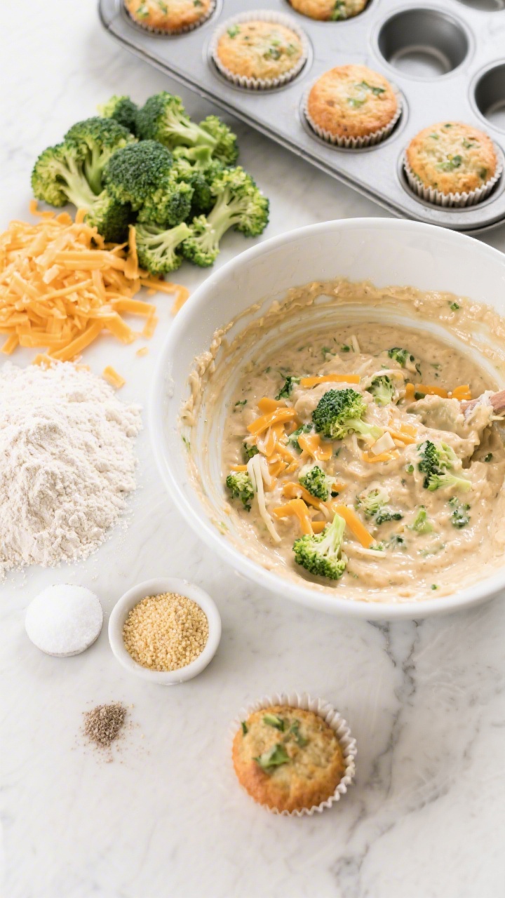Overhead ingredients-to-batter scene for Savory Cheddar Broccoli Muffins: finely chopped, lightly steamed broccoli florets, shredded sharp cheddar, white whole wheat flour, fine cornmeal, baking powder and baking soda in pinches, and a mixing bowl with thick savory batter folded with broccoli and cheese; nearby a muffin pan lined and half-filled; bright, lunchbox-ready mood, clean kitchen surface.