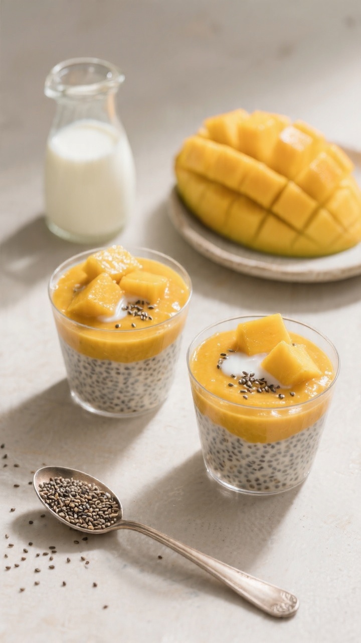 Overhead ingredients-to-final transition for Mango Tango Chia Cups (No-Cook Pudding): a half-and-half scene showing on one side the ingredients—ripe diced mango, milk of choice in a small carafe, plain Greek yogurt in a dish, chia seeds in a spoon—and on the other side two clear glass cups layered with golden mango puree and creamy chia pudding speckled with seeds. Garnish with a few fresh mango cubes on top and a light drizzle of milk for sheen. Neutral backdrop to highlight sunny mango color; balanced, natural light to show the thick, spoonable texture.