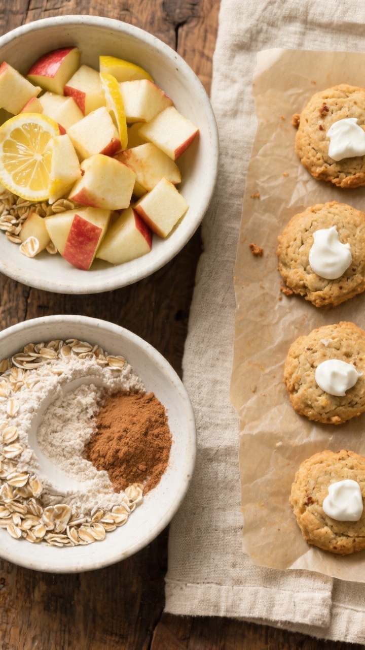 Overhead ingredients-to-finish storyboard for Chewy Apple Cinnamon Oatmeal Buttons With Yogurt Melt-Ins: left side shows finely diced peeled apple tossed with lemon juice, quick oats, whole wheat pastry flour, and ground cinnamon in tidy bowls; right side transitions to baked bite-sized buttons on a parchment sheet, a few topped with white yogurt melt-ins just softening; warm beige linen, rustic wooden surface, high clarity emphasizing apple pieces, oat chew, and cinnamon flecks.