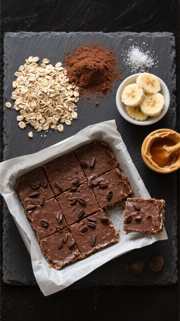 Overhead ingredients-to-finish storyboard for No-Bake Chocolate Banana Oat Bars: on a dark slate board, neat piles of rolled oats, cocoa powder, and a pinch of salt arranged beside small bowls of mashed ripe banana, creamy peanut butter, maple syrup, and vanilla extract; next to them, a parchment-lined square pan with the pressed chocolate banana oat mixture scored into bars, a few cacao nibs sprinkled on top, one corner bar slightly lifted to show dense, fudgy texture, moody soft light with gentle highlights for appetite appeal.