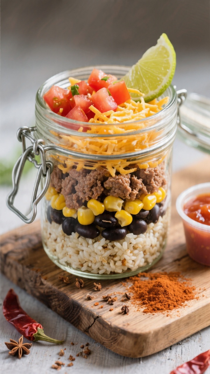 Overhead layered ingredient shot for DIY Taco Snack Jars: clear mason jars filled in visible strata—base of fluffy rice or quinoa, seasoned ground turkey (or beef) layer, sweet corn kernels, black beans, and a bright topper of diced tomatoes and shredded cheese; a lime wedge and a tiny container of salsa on the side. Styled on a rustic wooden board with scattered cumin and chili powder, vibrant colors, tidy layers, no people.