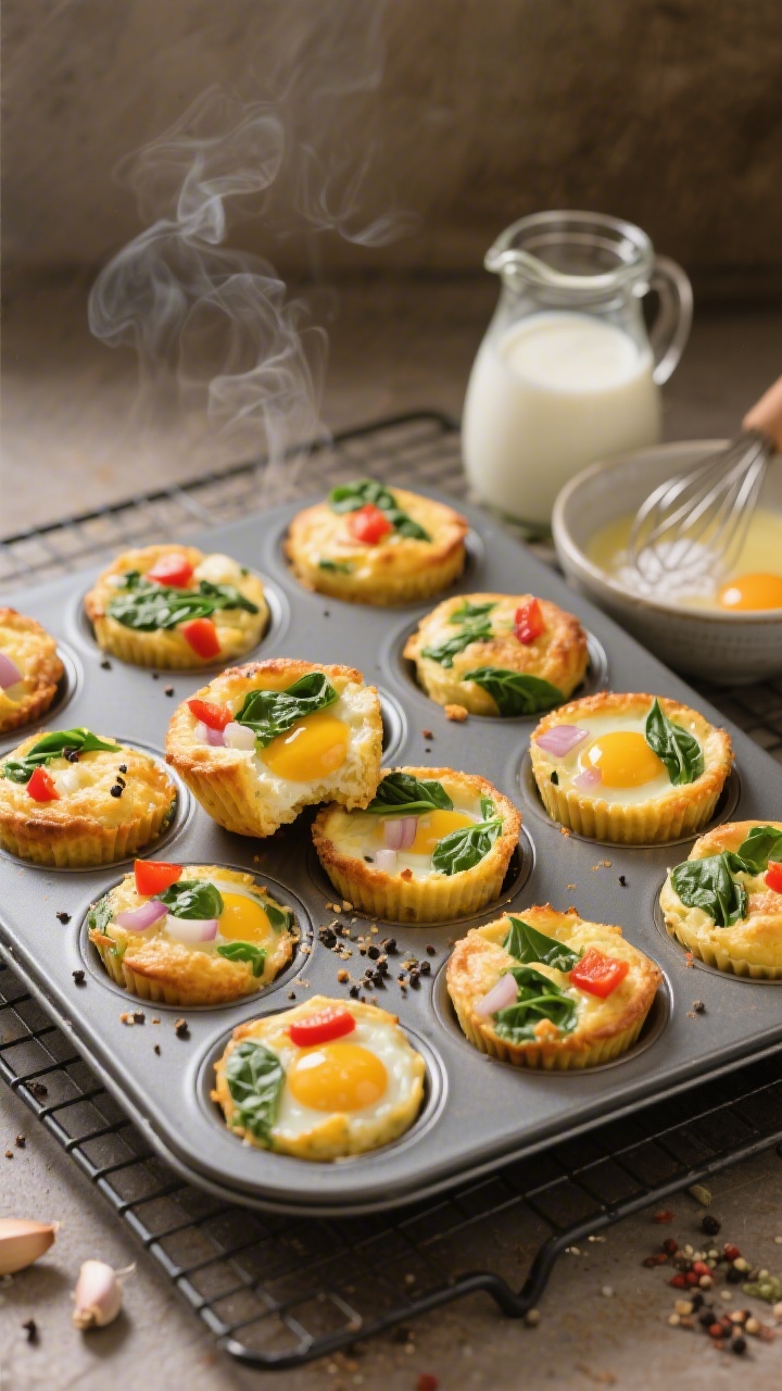 Overhead muffin pan shot of Mini Veggie Egg Muffins kids can eat cold or warm: a nonstick muffin tin filled with golden baked egg muffins dotted with finely chopped baby spinach, diced red bell pepper, and mild onion; cracked black pepper specks and a hint of garlic powder visible in the custardy interior where one muffin is cut open; a small jug of milk and a bowl with whisked eggs, salt, and seasonings off to the side to suggest the simple batter; warm, inviting light, slight steam rising from freshly baked muffins, served on a cooling rack.