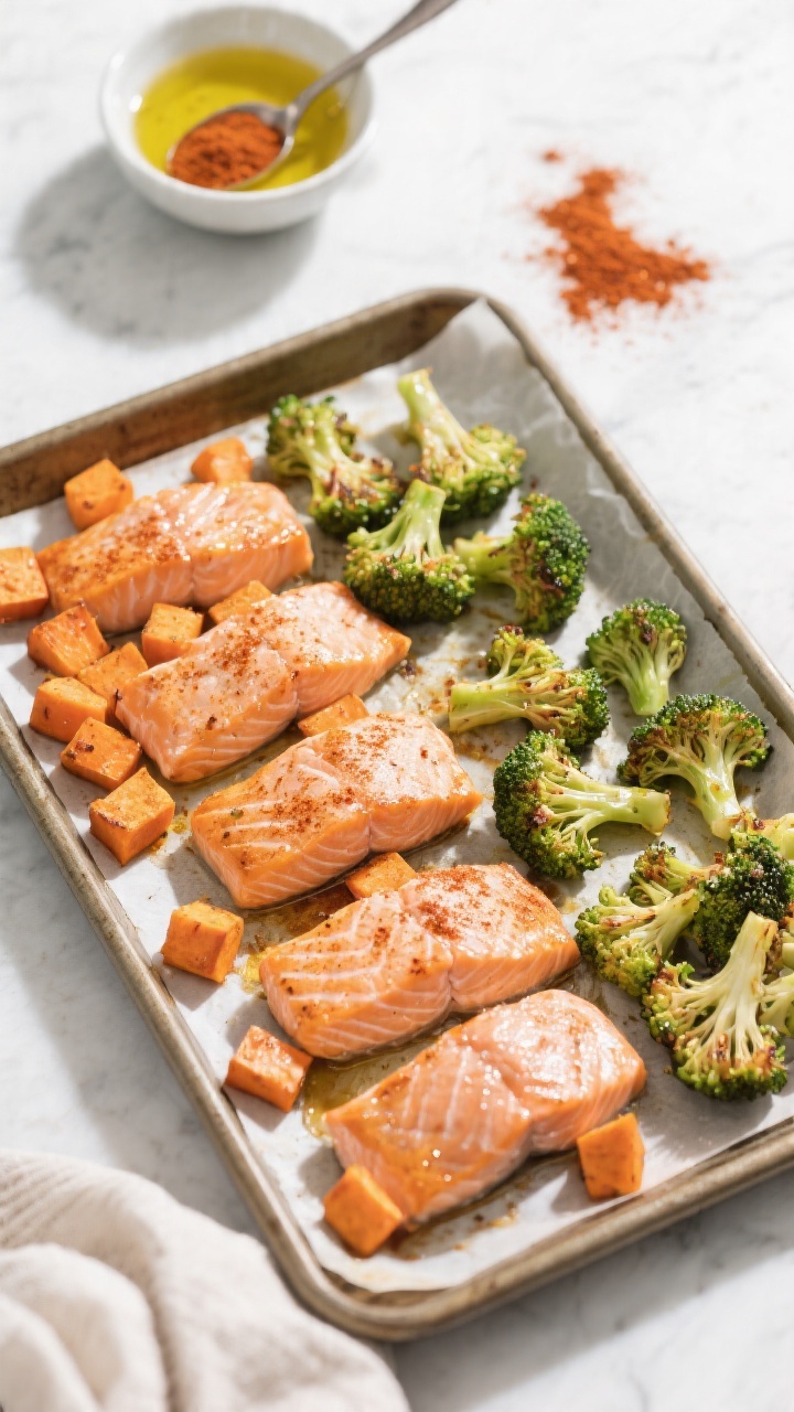 Overhead one-pan sheet tray dinner: salmon, sweet potato, and broccoli bites arranged in tidy sections on parchment-lined sheet pan; 1-inch salmon chunks with a light paprika sheen, 3/4-inch sweet potato dice caramelized at the edges, small broccoli florets with crisped tips, glistening from divided olive oil; a small bowl with remaining olive oil and a spoon dusted with paprika nearby; bright, natural light to emphasize orange, green, and coral tones, minimal props for weeknight ease.