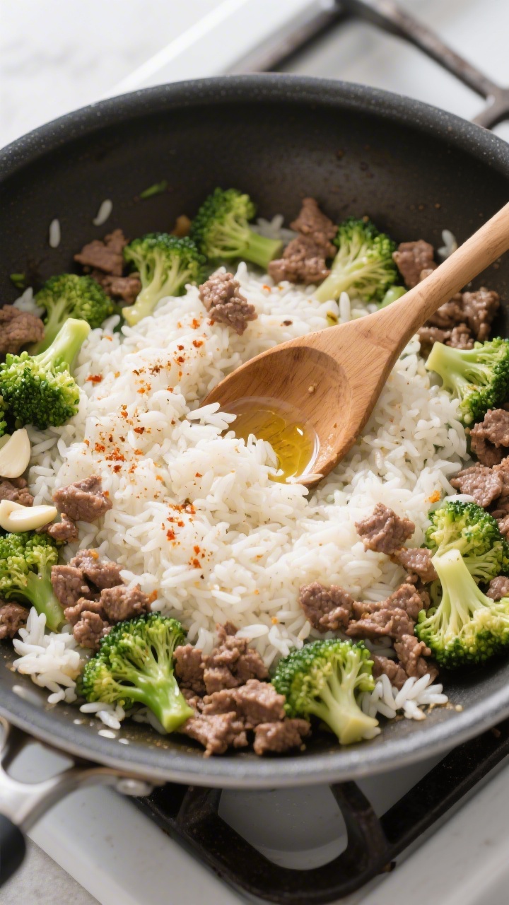 Overhead one-pan skillet scene: a large nonstick skillet filled with gentle beef, rice, and broccoli. Fluffy long-grain white rice mingled with small crumbles of seasoned ground beef (garlic powder, onion powder, mild paprika), and tender, bite-size broccoli florets. A wooden spoon creates a small well to show the texture of the rice and beef. Olive oil glisten, mild color palette of greens and warm browns. Minimalist stovetop setting, clean edges, natural daylight for a wholesome, weeknight vibe.