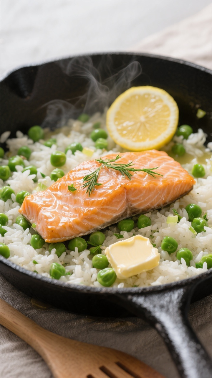 Overhead one-pan skillet scene of salmon, sweet pea, and rice: a black cast-iron skillet filled with fluffy cooked rice dotted with bright green frozen peas and tiny translucent bits of minced shallot/onion, with tender boneless salmon flakes nestled on top, glistening with butter/olive oil. Garnish with a squeeze of lemon and a few delicate dill fronds or parsley for freshness. A pat of butter softening on the skillet edge, a wooden spatula resting nearby. Neutral linen, light steam haze, high-contrast highlights to make the salmon and peas pop against the rice.