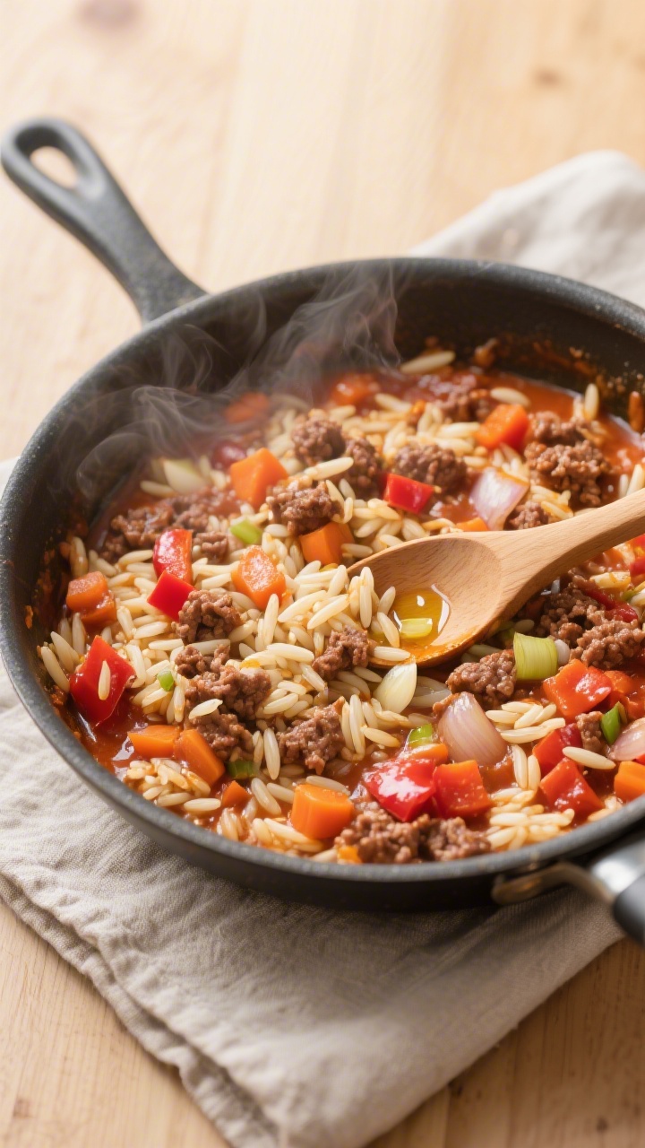 Overhead one-pot scene: Cozy beefy orzo simmering in a wide stainless skillet. Pearly orzo nestled in a hidden-veg tomato sauce, with finely diced onion, carrot, and red bell pepper melting into the saucy base, browned crumbles of ground beef throughout, minced garlic visible. A wooden spoon resting in the skillet, gentle steam rising, light olive oil sheen, warm family-style mood, placed on a light wood surface with a folded neutral linen.