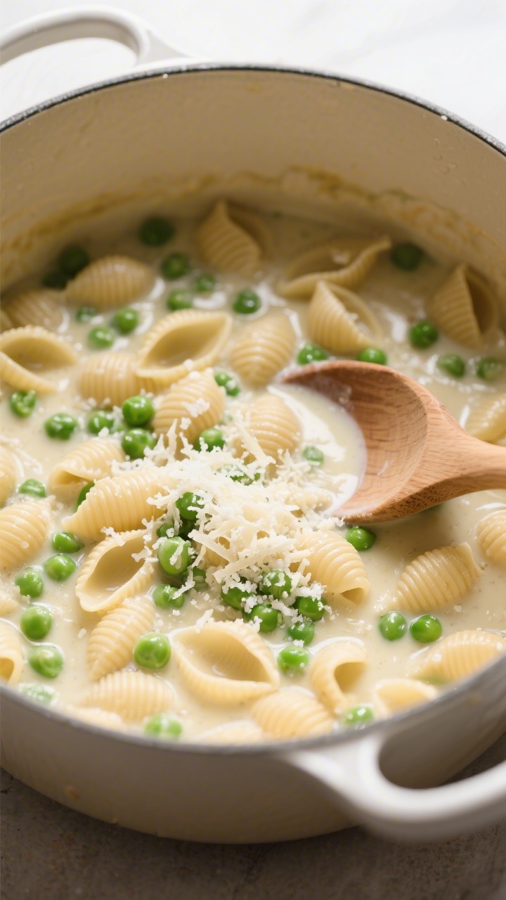 Overhead one-pot scene of creamy small pasta shapes simmering with peas: macaroni/shells in a pale, silky sauce made from low-sodium broth and whole milk, sweet green peas throughout, and a snowfall of finely shredded Parmesan; photographed in the pot with a wooden spoon creating a gentle swirl, a ladle resting nearby; minimal props, soft neutral backdrop, emphasis on glossy sauce coating and vibrant pea color, natural daylight for a homestyle feel.