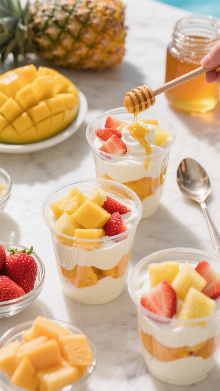 Overhead parfait bar scene transitioning into finished cups: clear cups layered with Greek yogurt (vanilla or coconut), ripe diced mango, pineapple tidbits, and diced strawberries, topped with a light honey drizzle. Include small bowls of each fruit, a jar of honey with a dipper, and a spoon showing the layering process. Vibrant tropical color palette (sunny yellows, mango orange, strawberry red), polished styling, soft daylight, emphasis on creamy-yogurt swirls and juicy fruit cubes for a fresh, beachy mood.