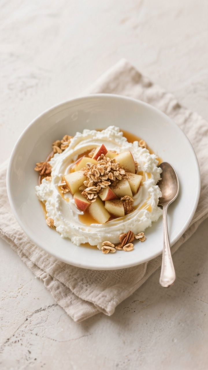 Overhead plated presentation of apple-cinnamon cottage cheese smash in a shallow white bowl: small-curd cottage cheese (lightly smoothed) swirled with butter-warmed, finely diced apple dusted with cinnamon and a delicate drizzle of maple syrup; topped with a scattering of very soft granola crumbles for gentle texture; warm beige, cream, and caramel tones, with a tiny spoon resting on a linen napkin for a cozy, toddler-friendly feel.