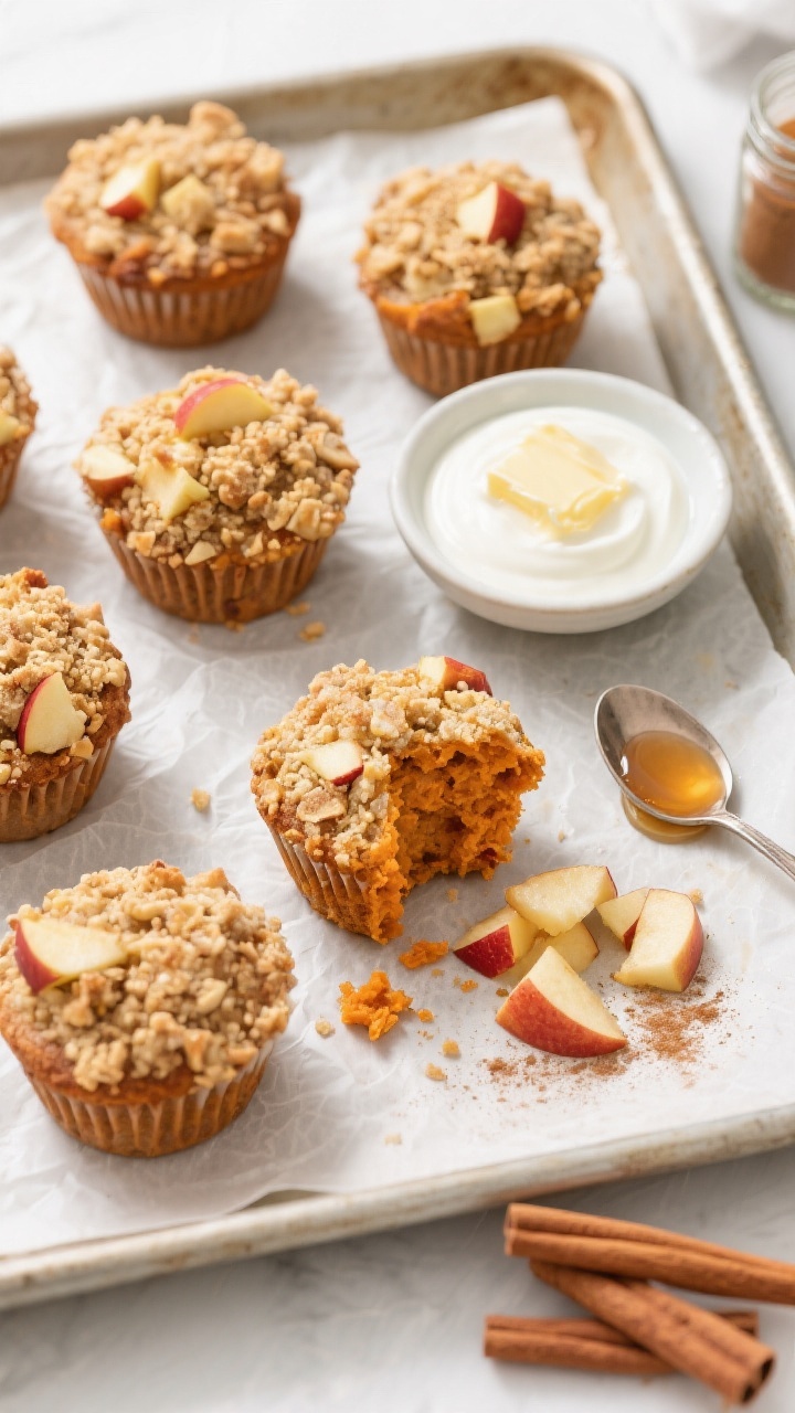 Overhead plated presentation of apple-cinnamon sweet potato muffins with streusel crumb: muffins with craggy, buttery streusel tops and visible apple bits arranged on a parchment-lined baking sheet; a small bowl of plain whole-milk yogurt, a dish of melted unsalted butter, a drizzle of maple syrup on a teaspoon, and a jar of ground cinnamon nearby; one muffin cut open to reveal moist orange-tinged crumb; scattered diced apple and a dusting of cinnamon on the surface; bright, crisp lighting, bakery-fresh feel.