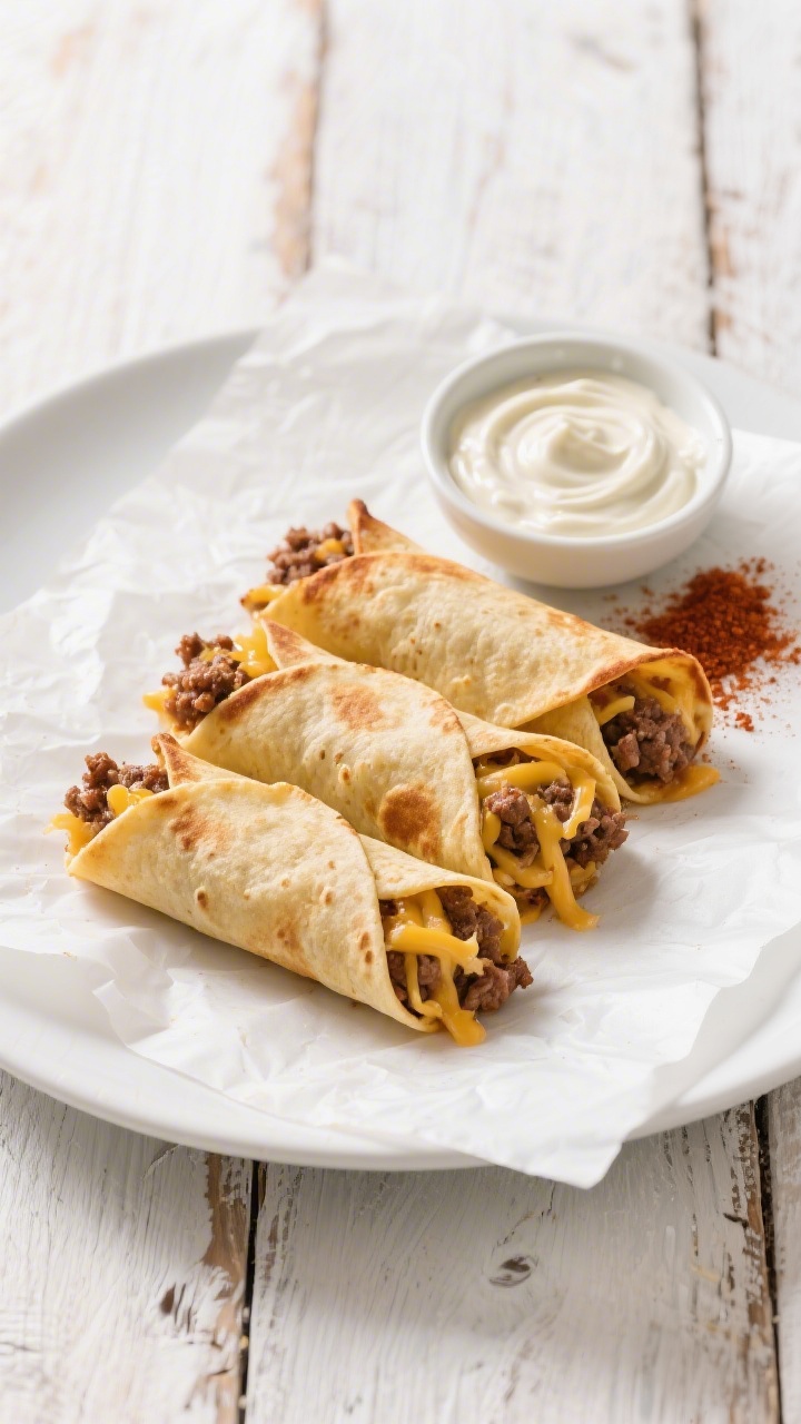 Overhead plated presentation of baked beef and cheese taquitos on a parchment-lined sheet: tightly rolled golden tortillas with crisp browned edges, ends showing melted shredded cheese and seasoned ground beef (chili powder, cumin, garlic powder, paprika) with a touch of mild salsa; served alongside a small bowl of creamy ranch dip with a light swirl, a sprinkle of paprika nearby; bright, clean styling with contrasting white plate and rustic wood surface, high clarity.