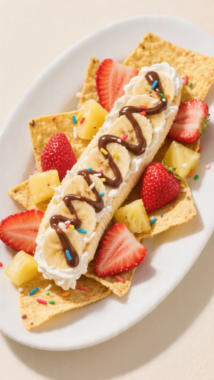 Overhead plated presentation of banana split “nachos”: ripe banana slices cut on the bias arranged like chips on a wide white platter, topped with sliced strawberries and pineapple tidbits, drizzled with vanilla yogurt (or whipped cream) and a fine zigzag of glossy chocolate syrup; optional rainbow sprinkles scattered for playfulness; bright, sunny styling with fresh fruit sheen and vibrant reds and yellows popping against a neutral backdrop.