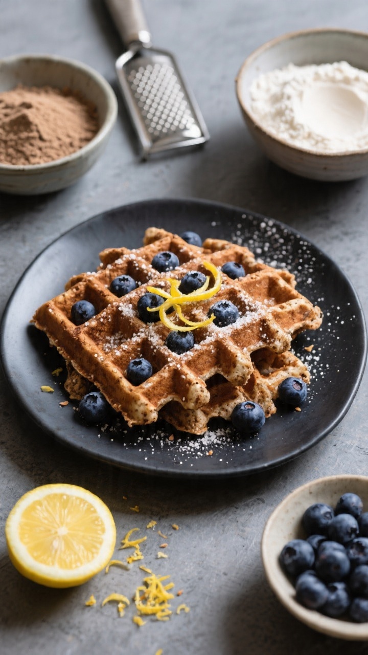Overhead plated presentation of Blueberry Buckwheat Waffles on a matte dark plate to pop the colors: buckwheat’s earthy brown hue contrasted with bursting blueberries in the pockets, a light dusting of sugar, and fresh lemon zest curls scattered over the top; ingredient bowls around the plate with buckwheat flour, all-purpose flour, and extra blueberries; a microplane and halved lemon showing zest, styled on a cool slate surface with soft daylight.