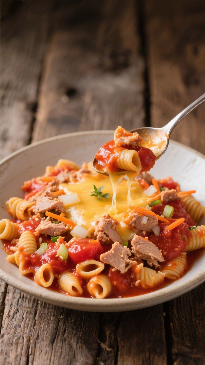 Overhead plated presentation of Cheesy Turkey Tomato Pasta that sticks to spoons: a shallow bowl filled with small pasta shapes (ditalini/elbows/mini shells) coated in a rich tomato-cheese sauce, crumbles of turkey throughout, finely chopped onion and very finely grated carrot melted into the sauce, a gentle cheese pull on a spoon resting in the bowl to show clingy texture; warm reds and oranges, glossy finish, a light drizzle of olive oil, minimal herb garnish; set on a rustic wooden table, no people.