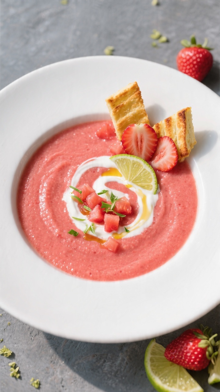 Overhead plated presentation of Chilled Watermelon Strawberry Soup in a wide white bowl, silky and vivid pink-red with a glossy surface; delicate swirl of plain Greek yogurt, a squeeze of fresh lime juice, tiny honey drizzle, and micro-diced watermelon-strawberry garnish; mini grilled cheese dippers (golden, diagonally sliced) perched on the rim, a few strawberry halves and lime zest scattered on a cool slate surface, bright summery vibe.