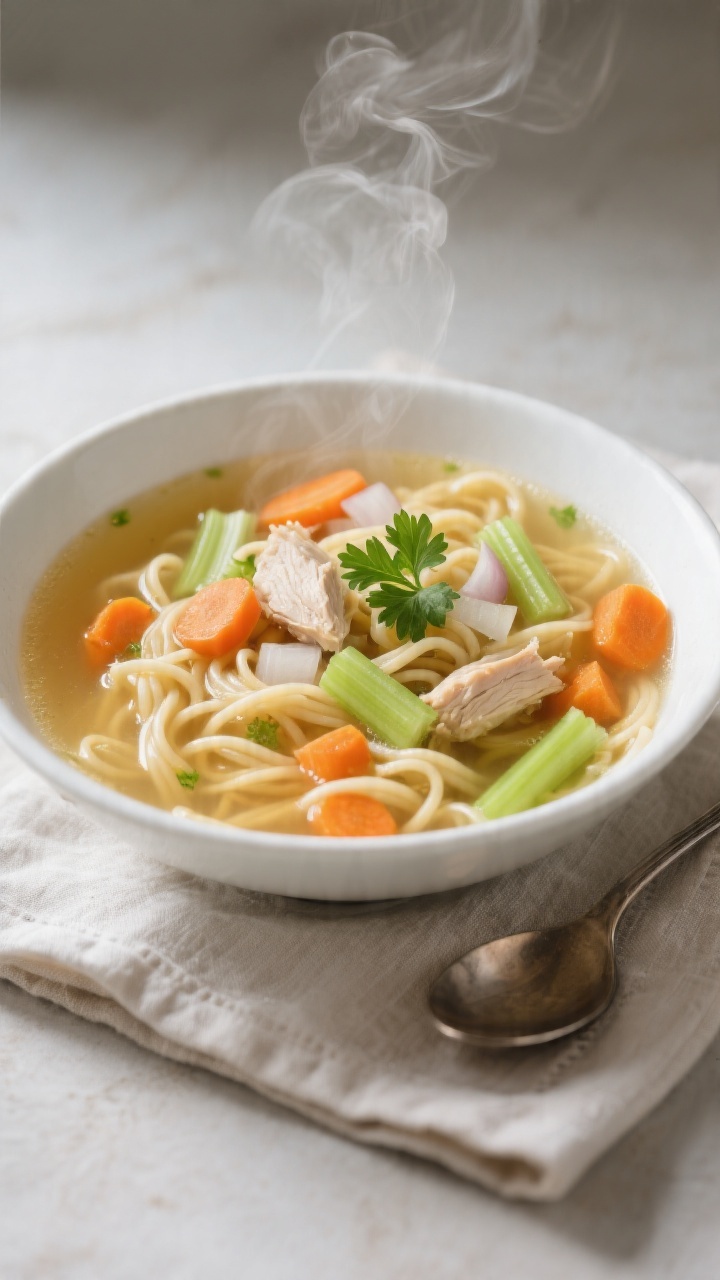 Overhead plated presentation of cozy chicken noodle soup: clear golden low-sodium chicken broth with diced onion, sliced carrots, sliced celery, and tender egg noodles (or classic noodles), plus visible bits of chicken; steam drifting up, a few parsley leaves for freshness; served in a wide white bowl on a linen napkin with a spoon to the side; focus on comforting colors (orange carrots, pale noodles, green celery), clean and inviting, high clarity and appetizing sheen on the broth, no people.