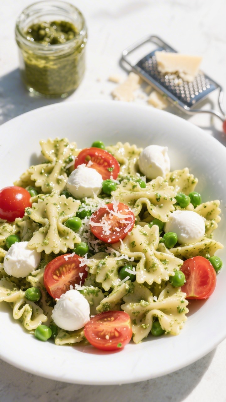Overhead plated presentation of Creamy Pesto Pasta Salad in a wide white bowl: short pasta (bowties/rotini) coated in creamy pesto, dotted with thawed green peas, halved cherry tomatoes, mini mozzarella balls, and a shower of grated Parmesan; a small jar of pesto and a microplane with cheese shavings nearby; bright, fresh midday light, glossy highlights on mozzarella, vibrant reds and greens, appetizing and picnic-ready.