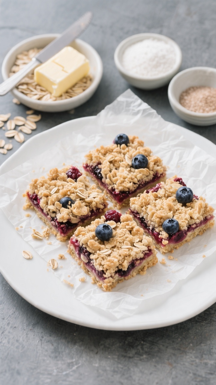 Overhead plated presentation of no-fuss berry crumble bars: neat squares with buttery oat crumble tops and vibrant mixed-berry layer peeking through; crumbs scattered artfully, a small dish of old-fashioned oats, a stick of unsalted butter with a knife mark, and tiny bowls of granulated sugar, flour, baking powder, and salt off to the side; bars stacked on a white ceramic plate with parchment crinkles for texture; cool-toned slate surface, crisp focus, inviting bakery-style styling.