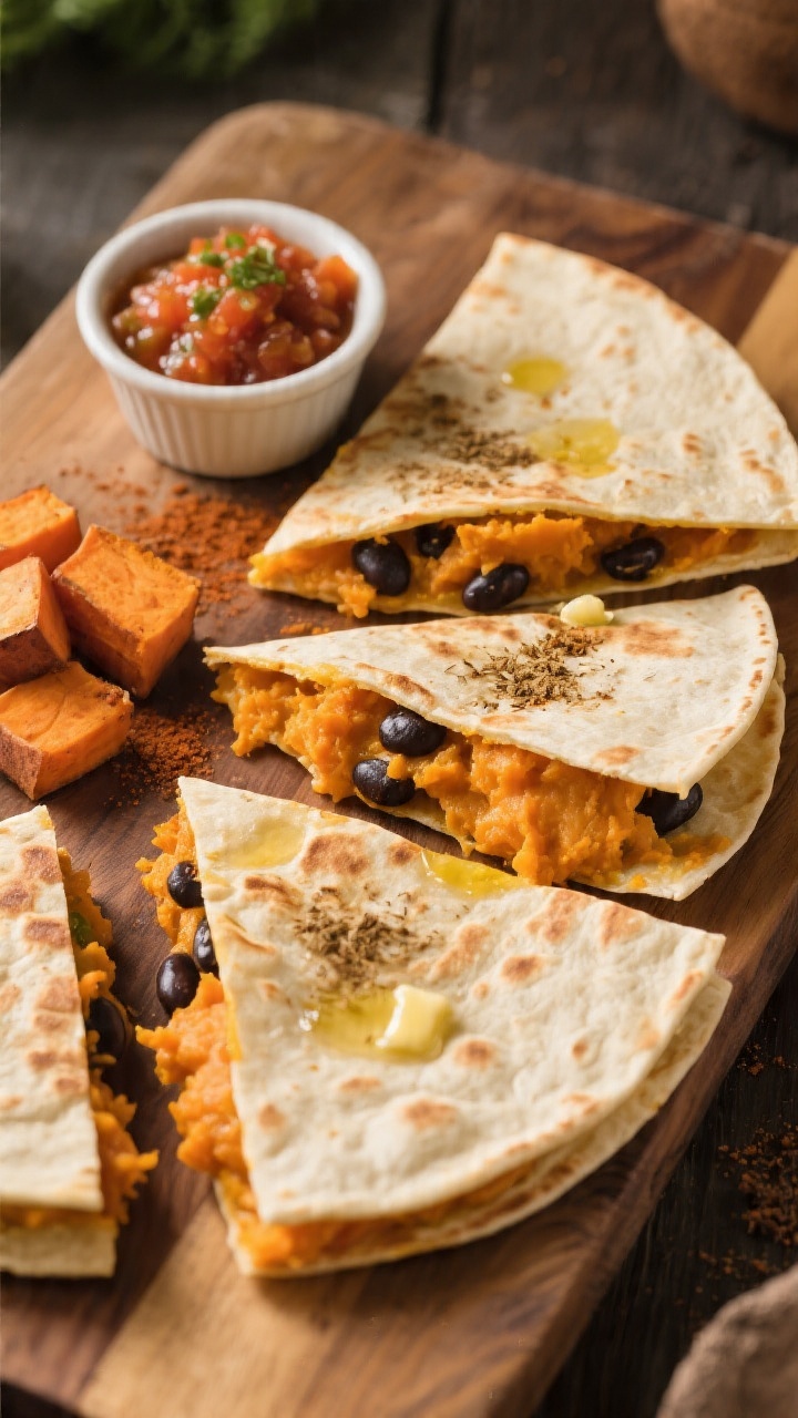 Overhead plated presentation of soft sweet potato quesadillas: golden, lightly toasted flour tortillas cut into wedges, oozing mashed sweet potato filling seasoned with butter/olive oil, ground cumin, and a whisper of mild chili powder; black beans are tucked inside some wedges for contrast. Garnish with a sprinkle of cumin on the board, a ramekin of mild salsa, and a few cubes of roasted sweet potato. Warm, cozy tones, rustic wooden board, and soft natural light to emphasize the tender interior and crisp exterior.