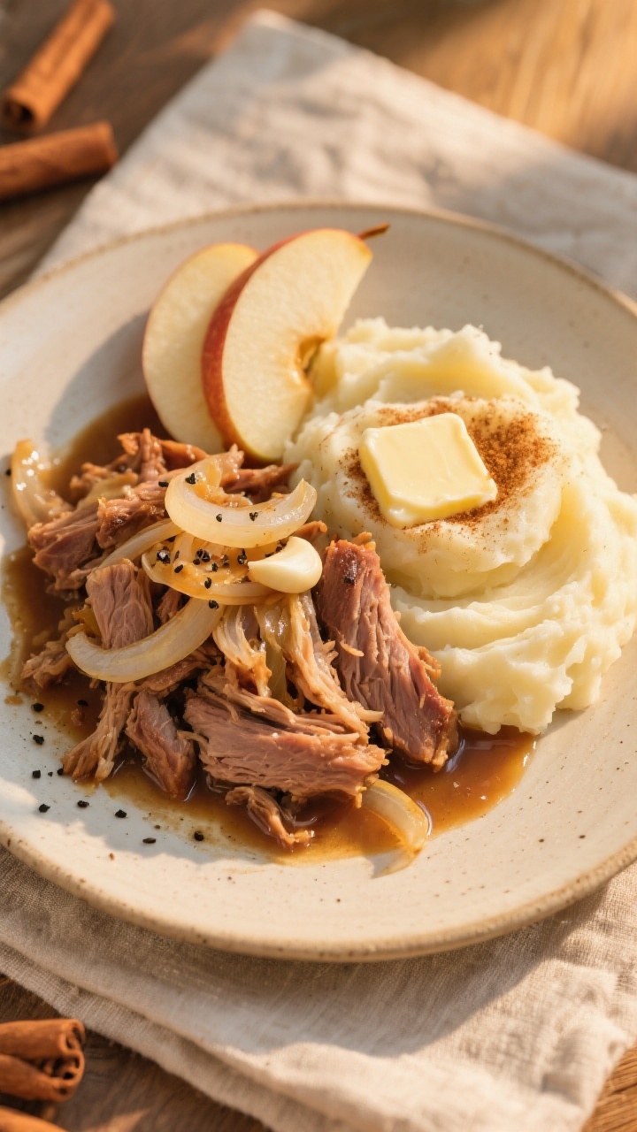 Overhead plated presentation of sweet apple-cinnamon pulled pork with buttery mashed potatoes: tender shreds of pork shoulder seasoned with kosher salt, black pepper, ground cinnamon, and garlic powder, mingled with translucent ribbons of thinly sliced onion and soft apple slices in a glossy jus; a cloud of creamy mashed potatoes alongside with a pat of melting butter; cinnamon-dusted apple wedge garnish; neutral ceramic plate on a linen napkin, soft golden hour lighting to emphasize warmth and comfort.