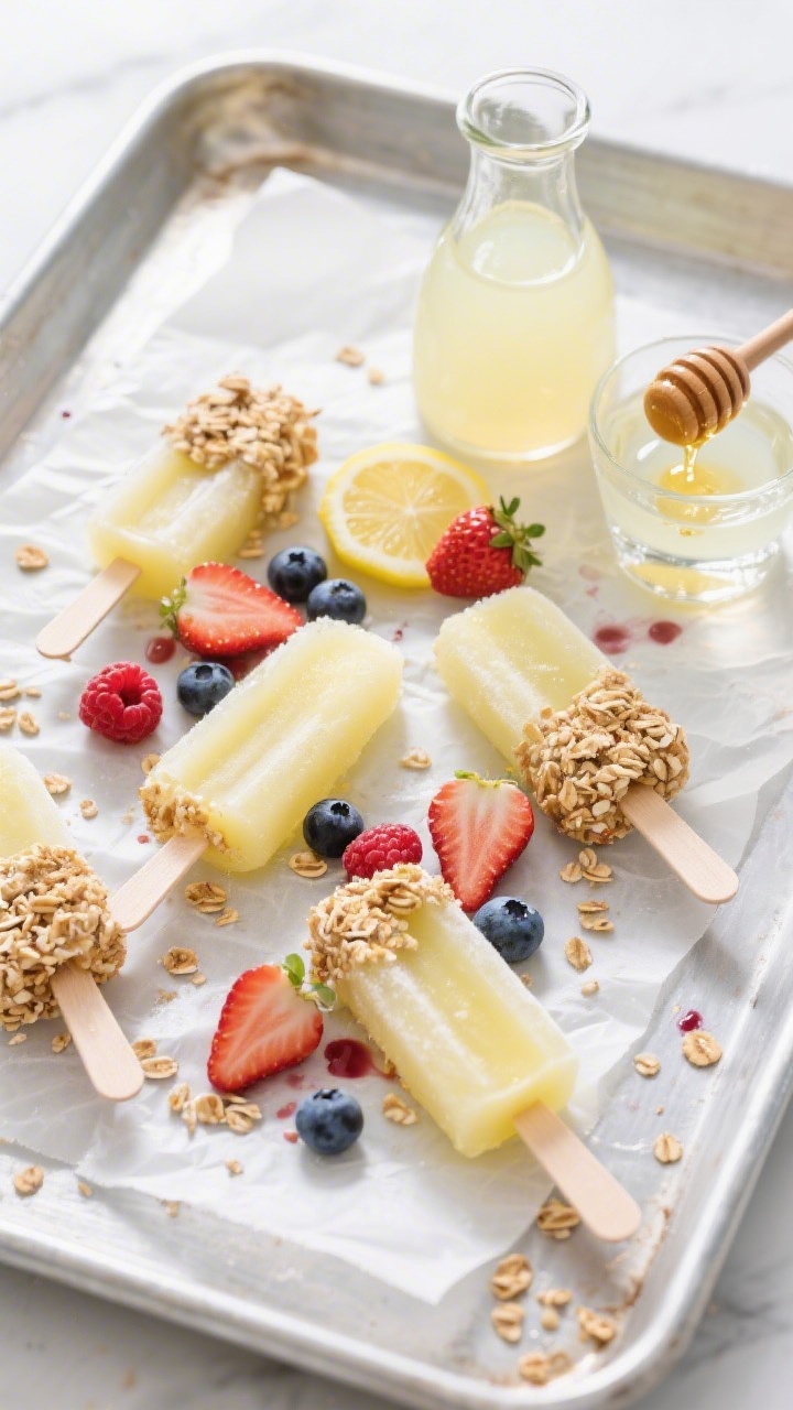 Overhead plated presentation with texture contrast: An overhead shot of lemonade berry burst freezer pops arranged on a chilled baking sheet lined with parchment and crushed granola pressed onto the tops for crunch. Visible glossy mixed berries—raspberries, blueberries, and sliced strawberries—suspended in pale yellow lemonade, with a small carafe of fresh lemonade, a honey dipper with a light trail of honey, and a splash of water in a tiny glass to imply sweetness adjustment. Extra granola scatter, a few berry stains on the parchment, and frosty edges on the pops for appetizing cold texture. Bright, summery styling, clean highlights, no people.