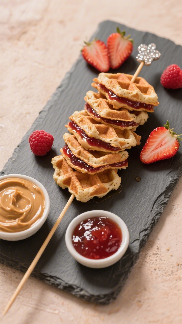 Overhead plated scene of PB&J Waffle Wands: mini whole-grain waffles (or quartered regular waffles) skewered to form wand-like stacks, with visible layers of peanut butter and strawberry/raspberry jam between pieces. Fresh strawberry halves and a few raspberries “blinging” the board, jam glistening at the edges. A small dish of peanut butter, another of jam, offset on a matte slate; warm, cozy light to bring out waffle texture and nutty tones; clean kid-friendly styling, no people, focus on the playful wand presentation.