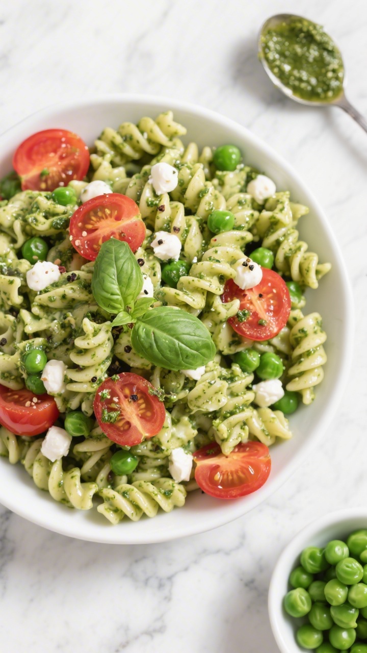 Overhead plated shot of Creamy Pesto Pasta Salad in a shallow white bowl: rotini or mini shells coated in glossy green pesto, hidden peas peeking through, halved cherry tomatoes adding red pops, and scattered mozzarella pearls. Finish with a light sprinkle of cracked pepper and a few torn basil leaves. Set on a light marble surface with a small spoonful of pesto and a dish of thawed peas nearby to hint ingredients; bright, fresh, lunchbox-appealing mood.