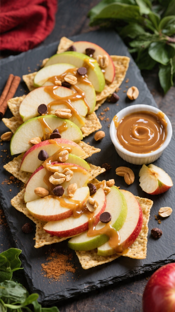 Overhead platter of apple nachos arranged in a fan of thin Honeycrisp, Gala, and Granny Smith slices lightly glossed with lemon juice; artful zigzag of caramel drizzle, scattered peanuts, mini chocolate chips, and a light sprinkle of cinnamon; a small ramekin of extra caramel and a few apple cores off to the side; vibrant greens and reds against a matte slate board, high contrast to showcase shine and crunch.