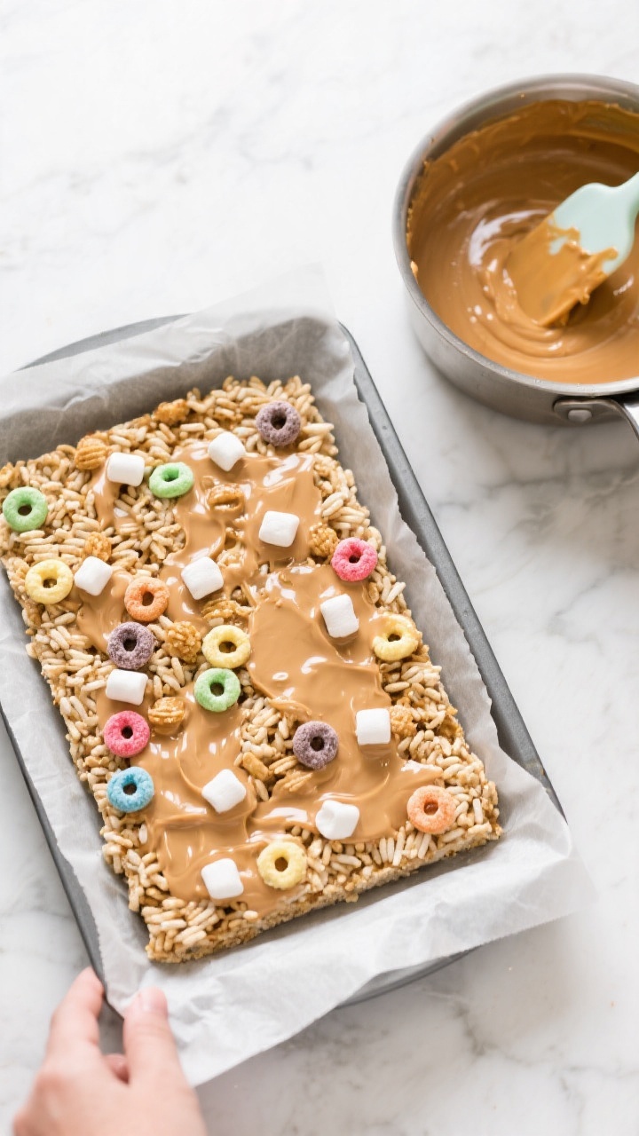 Overhead process shot of 10-Minute No-Bake Cereal Bars being pressed into a parchment-lined square pan: a glossy mix of crispy rice cereal and assorted colorful cereal rings bound with creamy peanut butter and honey, with mini marshmallows dotted throughout; beside it, a saucepan with residual melted peanut butter-honey mixture and a silicone spatula; clean, modern countertop, vibrant yet tidy styling emphasizing chewy, crunchy textures.