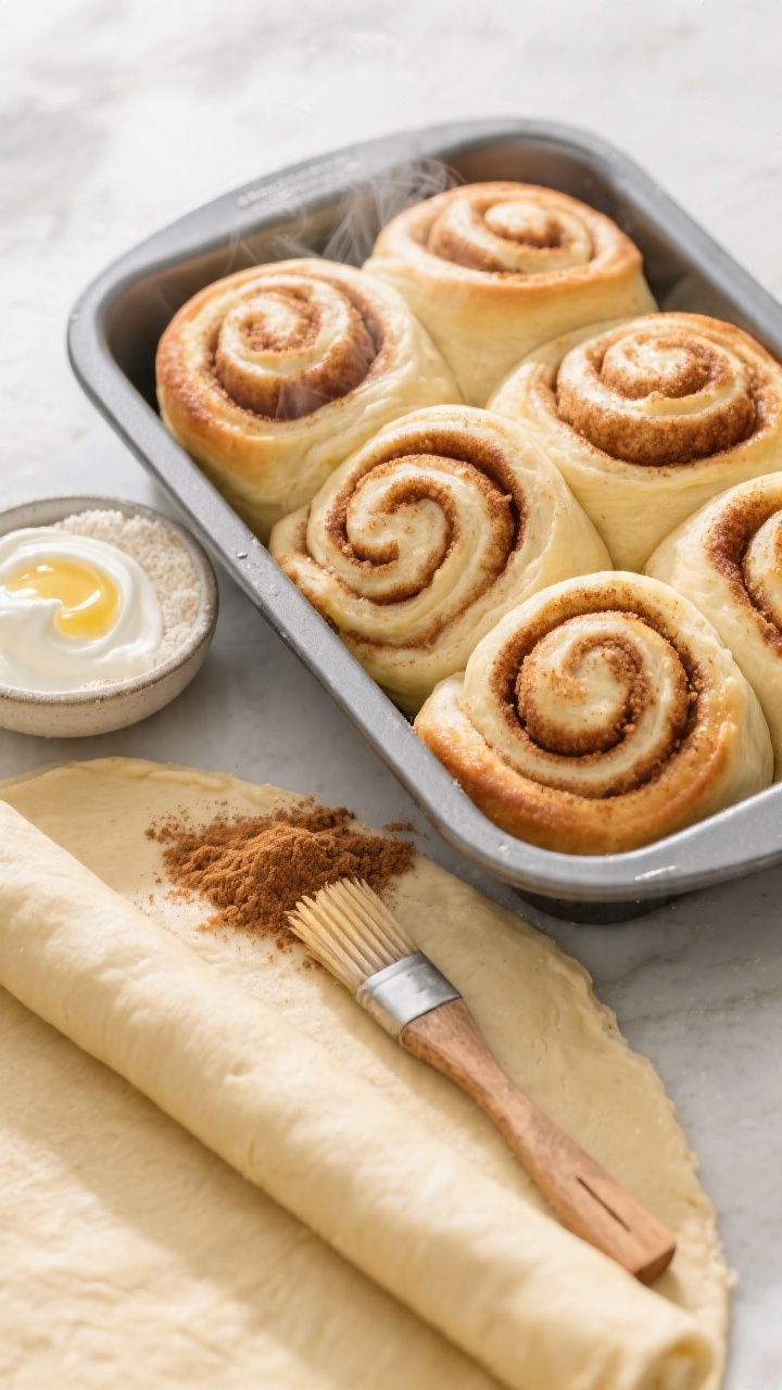Overhead process shot of Super-Soft Cinnamon Swirl Breakfast Rolls in a mini baking pan: spirals with visible cinnamon-brown sugar ribbons and a buttery sheen, edges just turning golden; beside the pan, a small bowl of self-rising flour, a dollop of plain yogurt, melted butter in a tiny dish with a brush, and a mix of brown sugar and cinnamon partially sprinkled on a rolled-out dough strip; warm morning light, light steam hinting at softness, minimal props to emphasize the fluffy texture.