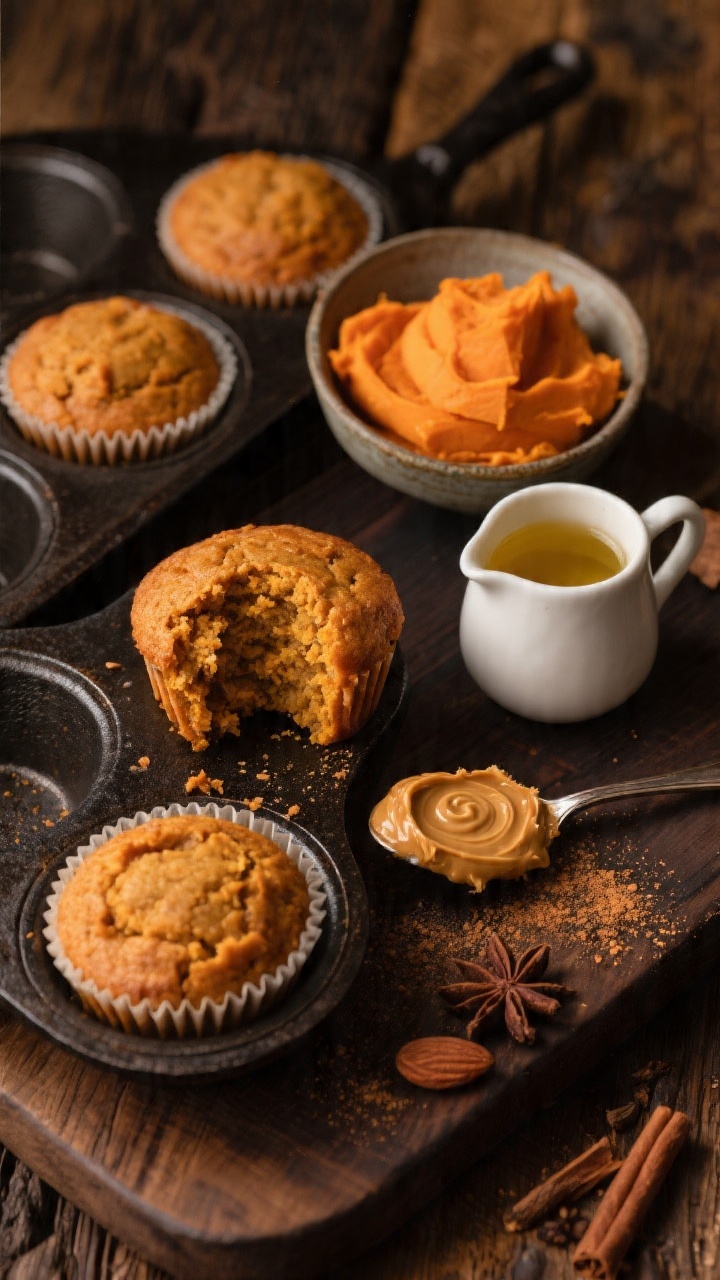 Overhead rustic final shot for Sweet Potato Almond Butter Muffins: warm orange-tinged muffins in a cast-iron muffin pan, with one cut to show moist sweet potato crumb; a spoonful of almond butter with swirl marks, a small pitcher of pure maple syrup/honey, and a ramekin of neutral oil; scattered warm spices implied by a light dusting (gentle spice vibe) on the board; cooled mashed sweet potato in a small bowl for context; moody wood surface, golden-hour light, rich color saturation for cozy, wholesome appeal.