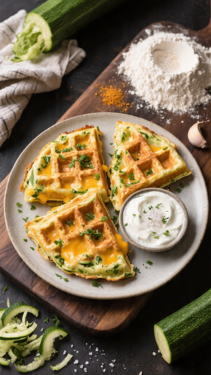 Overhead savory lunch plate: Zucchini cheddar waffles cut into quarters, golden with visible green flecks of finely grated, well-squeezed zucchini and melted cheddar pockets. Serve with a mild yogurt-herb dip and a sprinkle of flaky salt. Scatter raw prep cues: grated zucchini squeezed in a towel, a mound of all-purpose flour, baking powder, and a pinch of garlic powder. Place on a dark wooden board for contrast, directional light highlighting crispy edges and melted cheese.