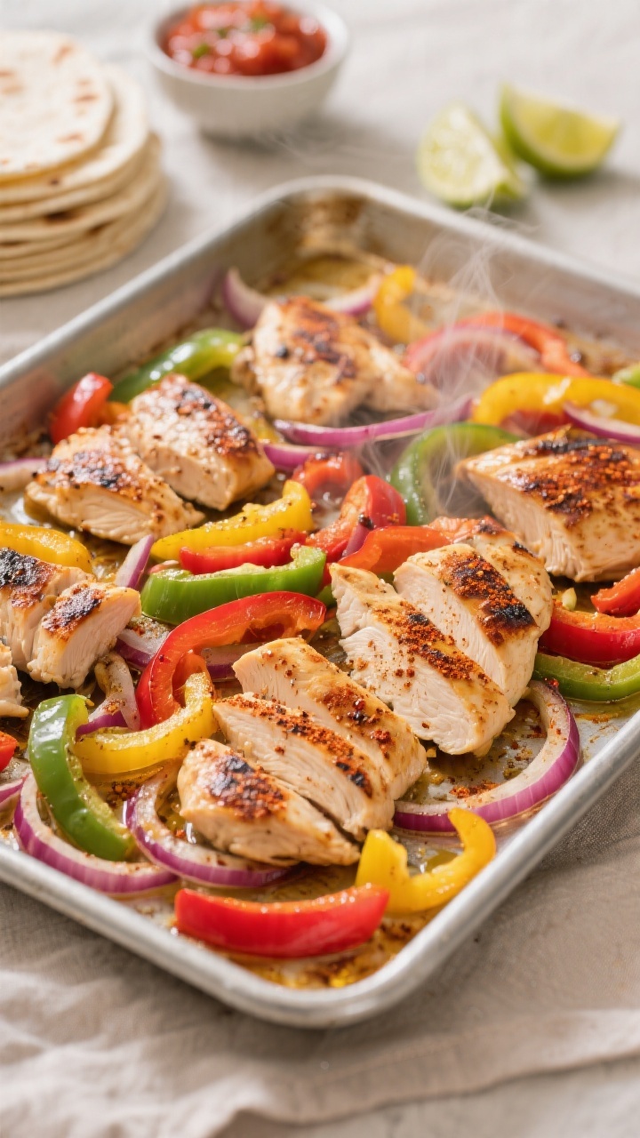 Overhead sheet-pan action shot: colorful chicken fajitas roasting on a rimmed baking sheet, thinly sliced boneless skinless chicken breasts mingled with sliced red, yellow, and green bell peppers and ruby strands of red onion, lightly glossed with olive oil and dusted with chili powder and ground cumin; edges caramelizing, a few charred bits for texture, steam visible; warm, family-friendly vibe with soft natural light, tortillas stacked off to the side and small bowls of lime wedges and mild salsa blurred in the background; crisp, high-contrast styling on a brushed metal sheet pan over a neutral linen.