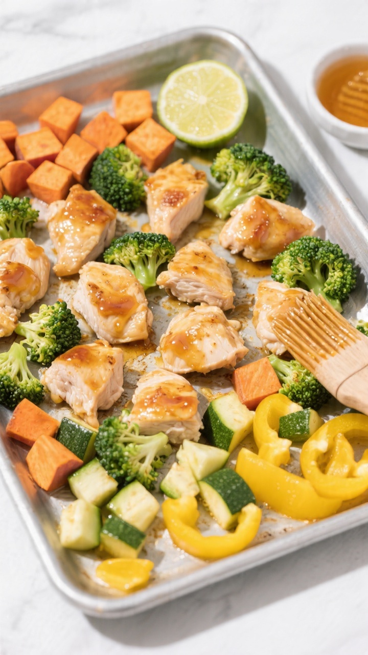 Overhead sheet-pan ingredient-and-cook scene for honey-lime chicken bites with rainbow veg: raw-to-roast composition on a rimmed metal pan—3/4-inch chicken pieces lightly glazed with honey-lime marinade, surrounded by small broccoli florets, 1/2-inch cubes of sweet potato, and diced zucchini and yellow bell pepper for color. Include a halved lime, a small dish of honey, and a brush with marinade streaks. Bright, clean light emphasizing fresh colors and prep stage, no hands.