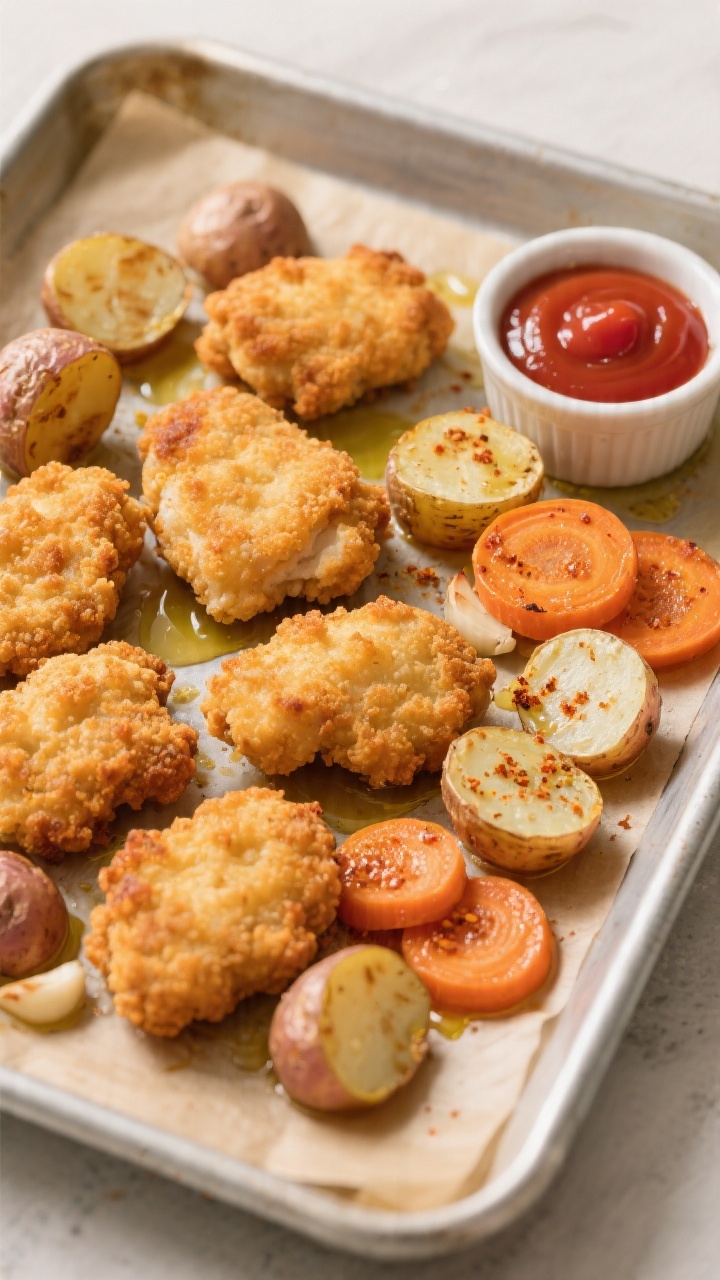 Overhead sheet-pan shot of a kid-friendly crispy chicken nugget dinner fresh from the oven: golden-brown frozen chicken nuggets, halved baby potatoes with blistered edges, and glossy carrot coins, all tossed in olive oil, garlic powder, and a hint of paprika; arranged on parchment-lined metal sheet pan with a small ramekin of ketchup on the side, warm neutral lighting, crunchy textures emphasized, no people.