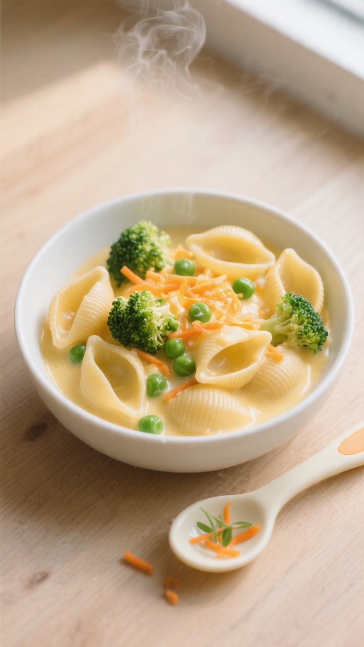 Overhead shot: A creamy bowl of cheesy veggie pasta shells styled for toddlers—small pasta shells coated in a silky cheddar cheese sauce, with finely chopped broccoli florets, very fine grated carrot threads, and bright green peas peeking through; visible butter gloss and a hint of milkiness from the béchamel (butter, flour, whole milk) clinging to each shell. Served in a matte white toddler-friendly bowl on a pale wood table, with a tiny silicone spoon beside it and a sprinkle of extra micro-grated carrot for color. Soft natural window light, shallow shadows, steam gently rising.